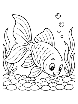 Free printable Cute Goldfish Swimming Near Pebbles coloring page
