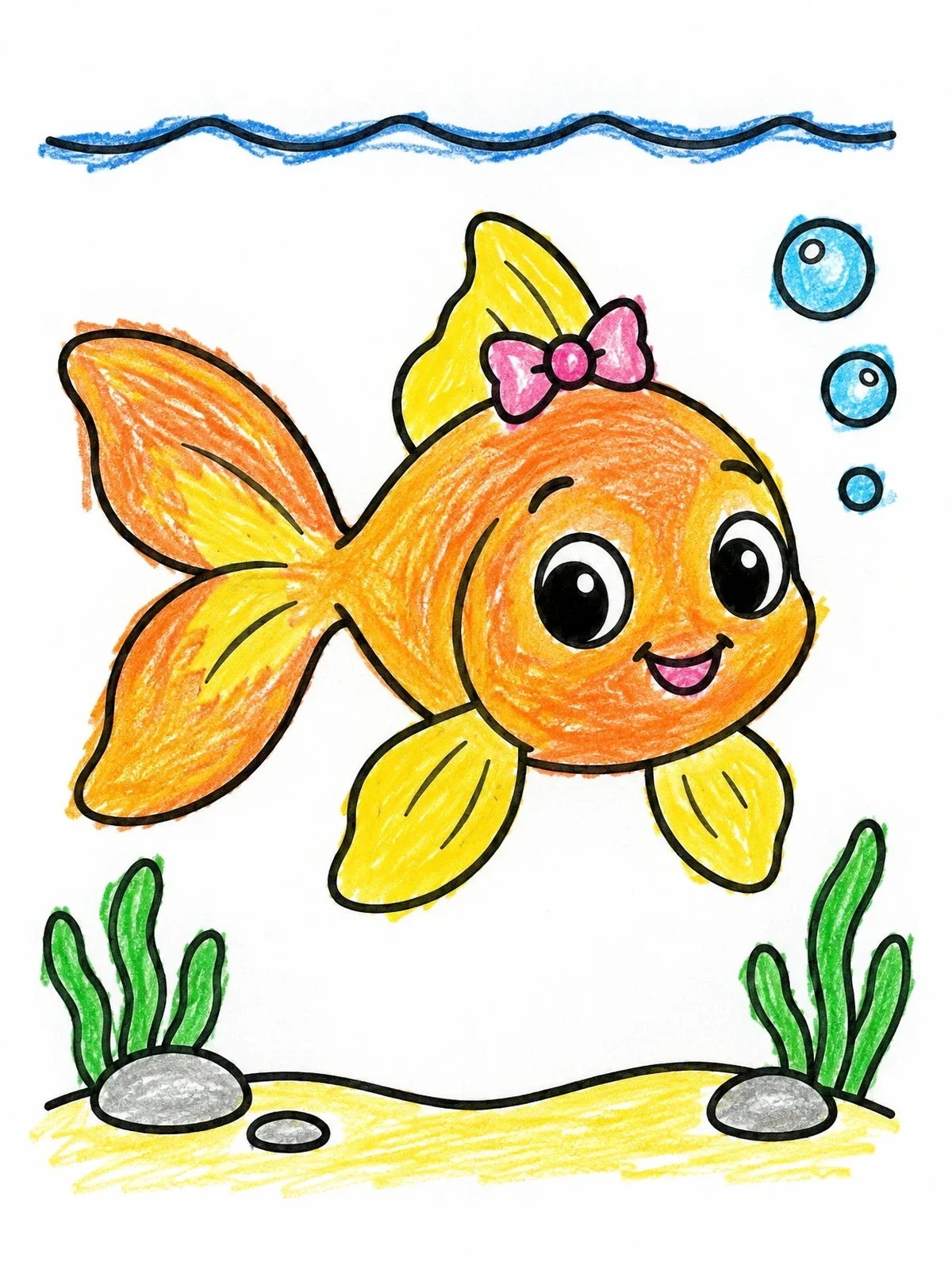 Colored example of the Cute Goldfish With Little Bow coloring page
