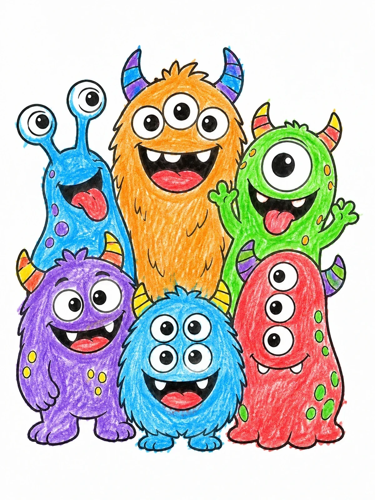 Colored example of the Cute And Goofy Monster Friends Group coloring page