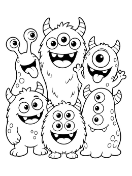 A group of funny smiling creatures gathers in this cute monster coloring page.