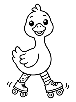 A cheerful cartoon goose coloring page showing it rolling on skates in patterned socks.