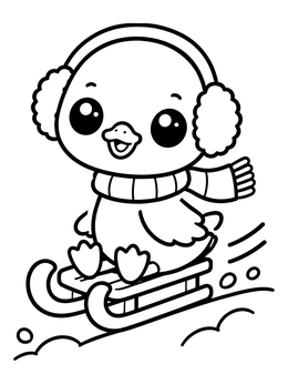 A cute goose coloring page showing a gosling wearing earmuffs and a scarf while sledding.