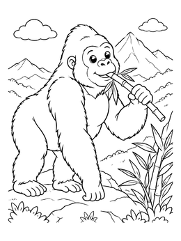 Free printable Cute Gorilla Eating Bamboo Outdoors coloring page
