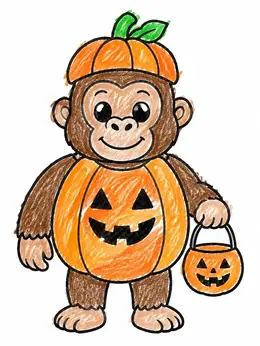 Cute Gorilla In Pumpkin Costume Coloring Page