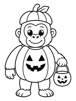 A friendly gorilla coloring page dressed in a Halloween pumpkin costume with a candy bucket.