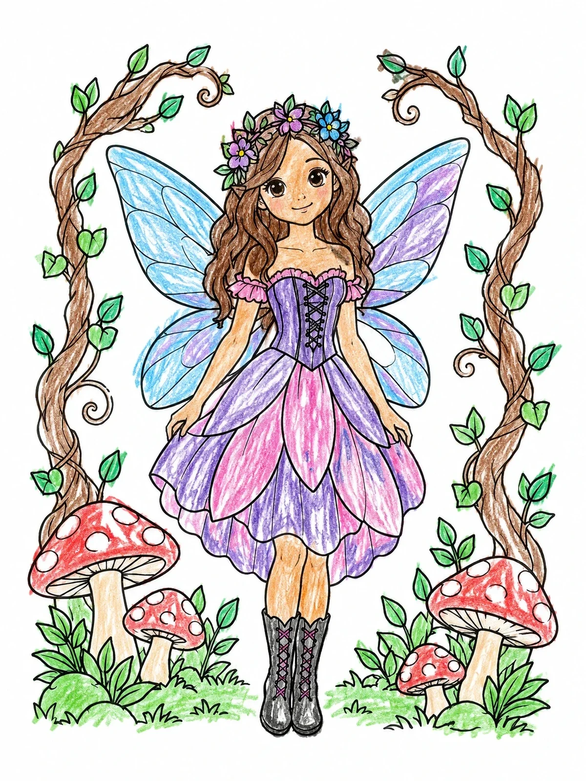 Colored example of the Cute Gothic Fairy In The Enchanted Woods coloring page