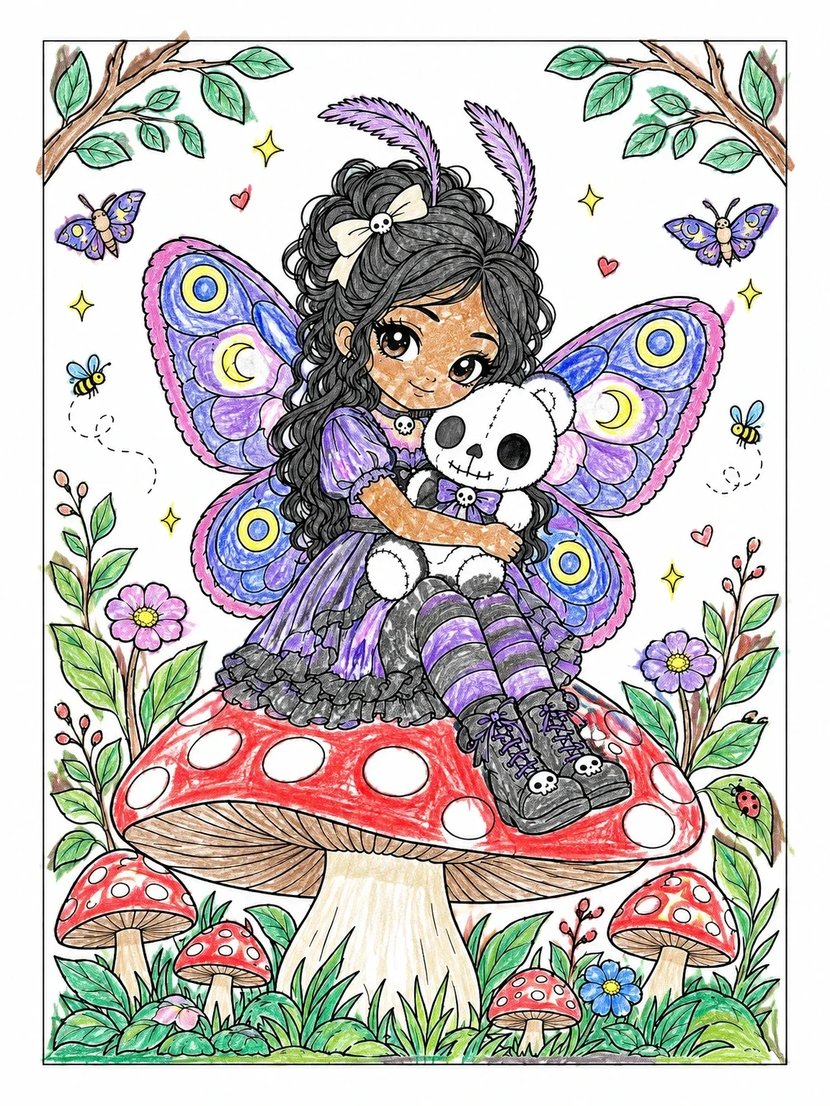 Colored example of the Cute Gothic Fairy On Mushroom coloring page
