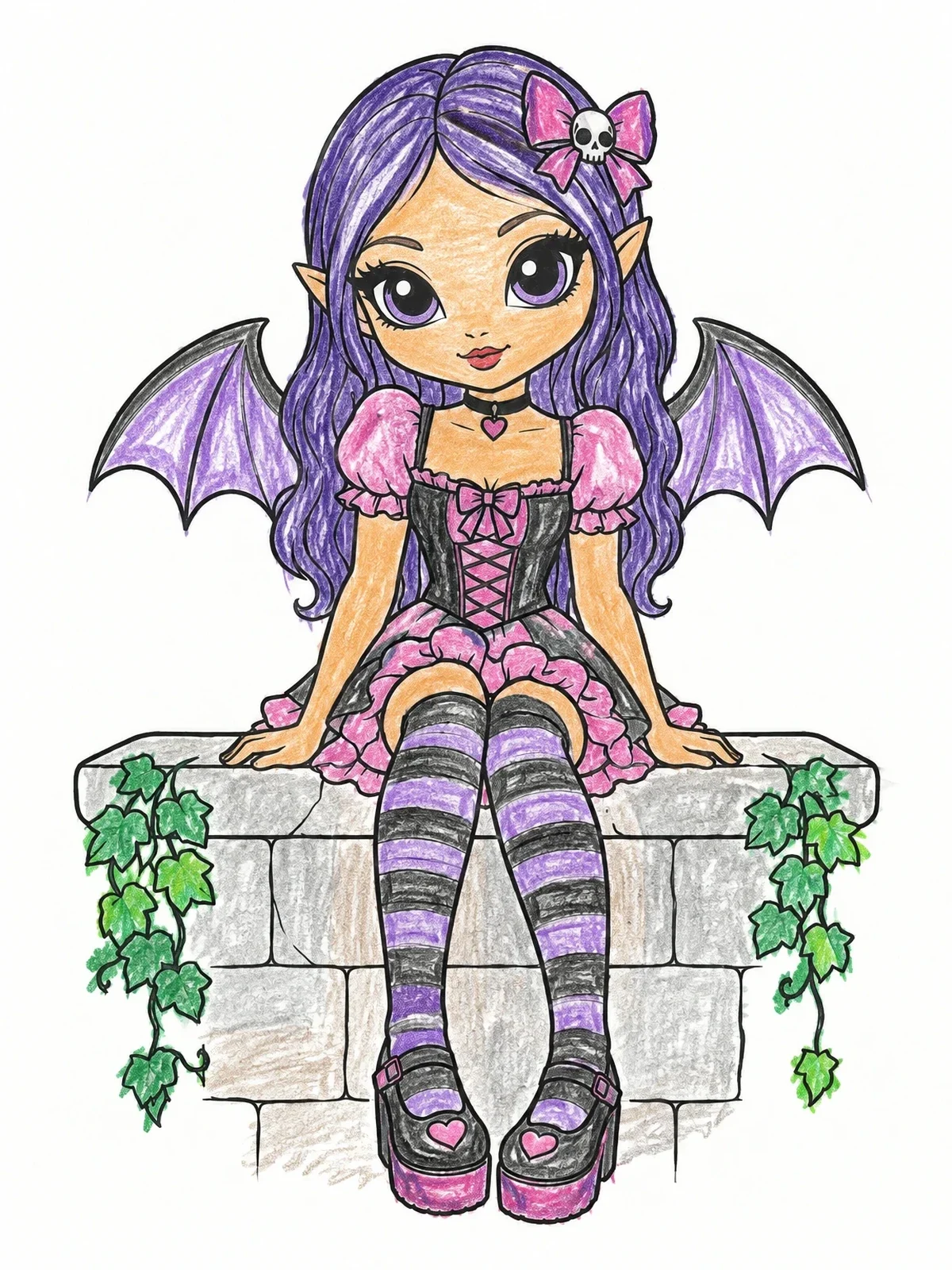 Colored example of the Cute Gothic Fairy On Stone Ledge coloring page