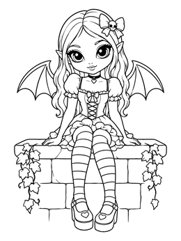 Free printable Cute Gothic Fairy On Stone Ledge coloring page