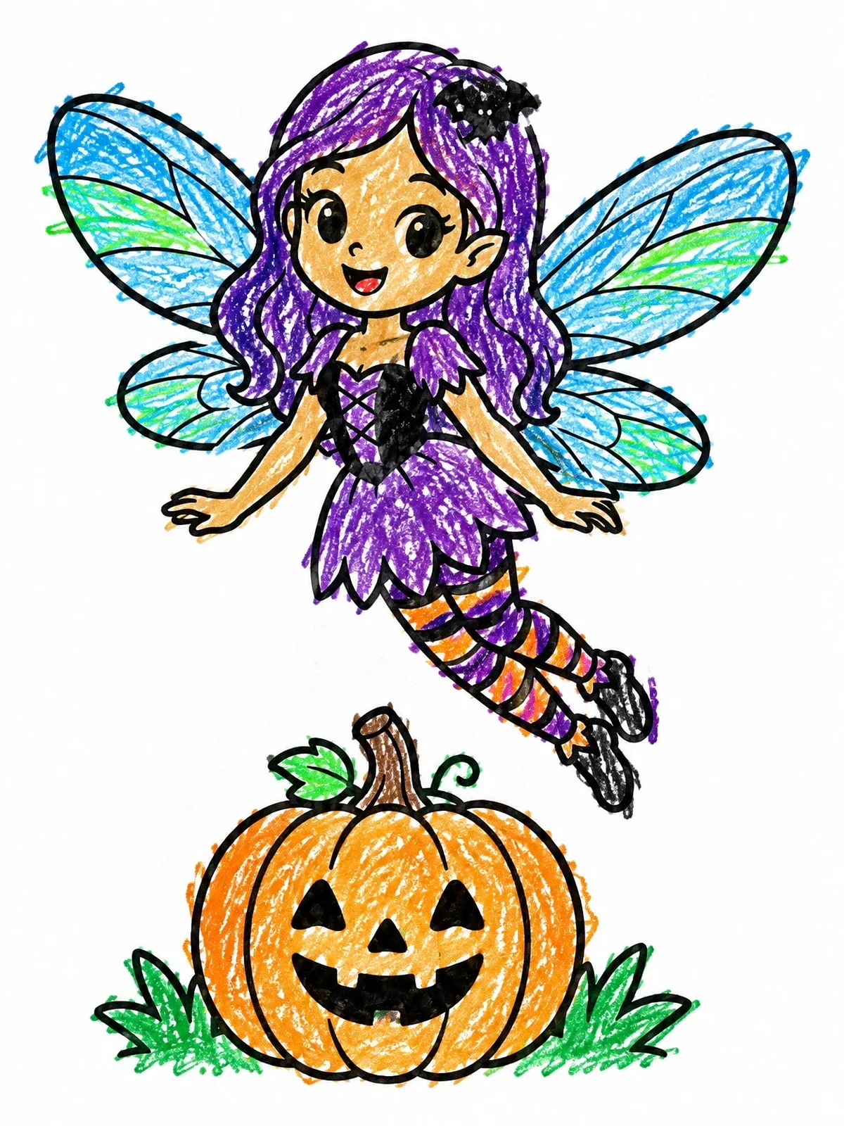 Colored example of the Cute Gothic Fairy With Pumpkin coloring page