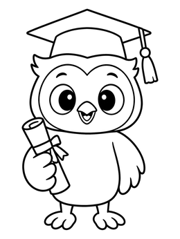 A cheerful graduate owl coloring page showing an owlet with a cap and diploma.