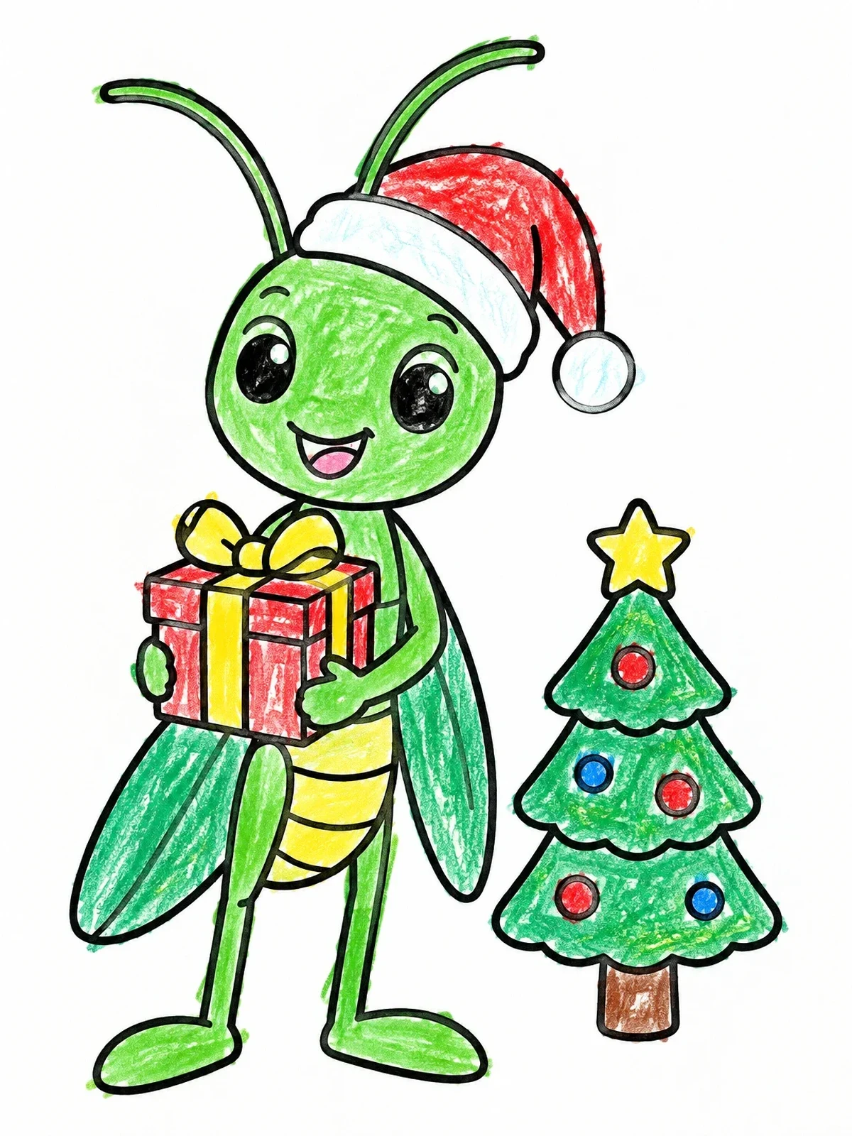 Colored example of the Cute Grasshopper Celebrating Christmas coloring page