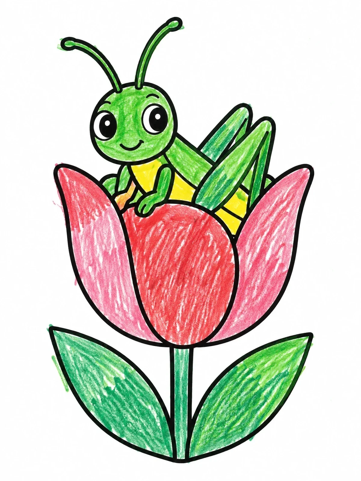 Colored example of the Cute Grasshopper In A Tulip coloring page