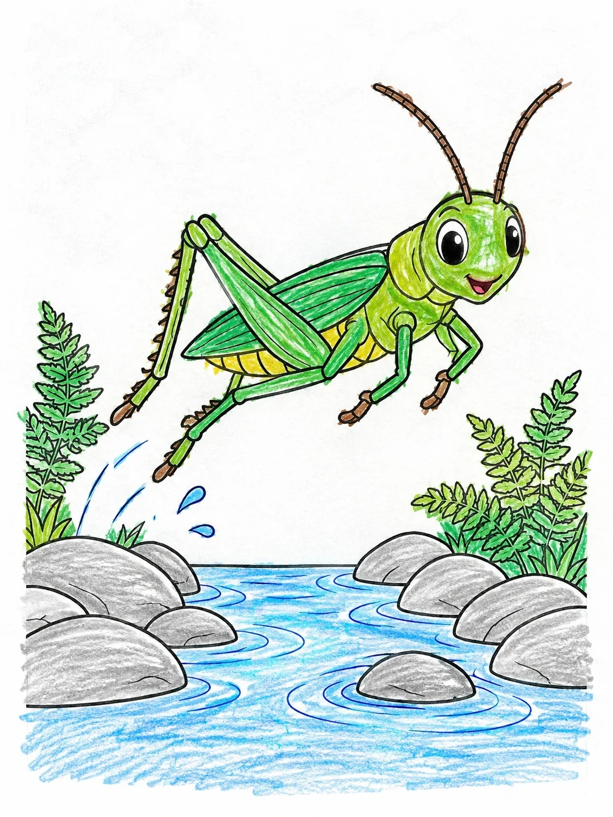 Colored example of the Grasshopper Leaping Across A Stream coloring page