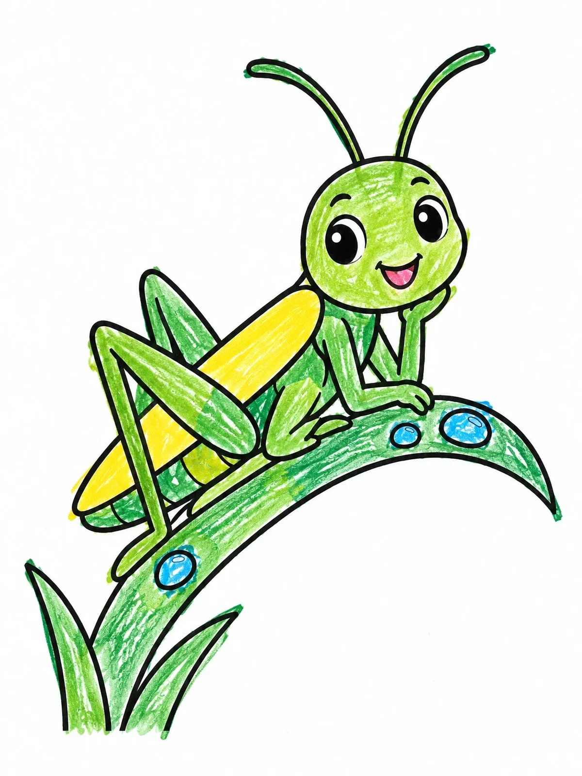 Colored example of the Cute Grasshopper On A Leaf coloring page