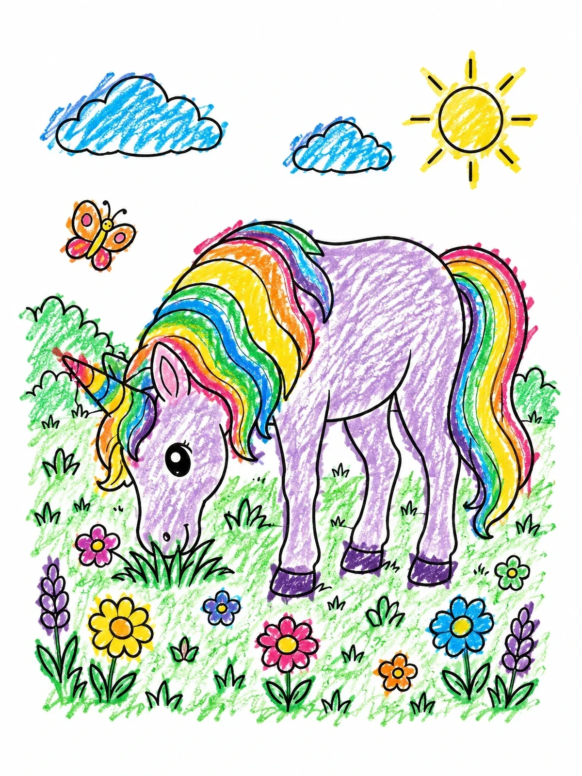 Colored example of the Cute Grazing Unicorn In Meadow coloring page