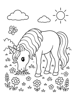 Free printable Cute Grazing Unicorn In Meadow coloring page
