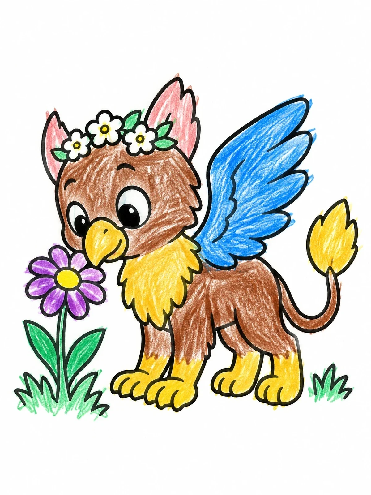 Colored example of the Cute Griffin With Flower Crown coloring page