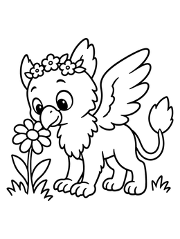 A cheerful baby griffin coloring page with a flower crown sniffing a daisy in the grass.
