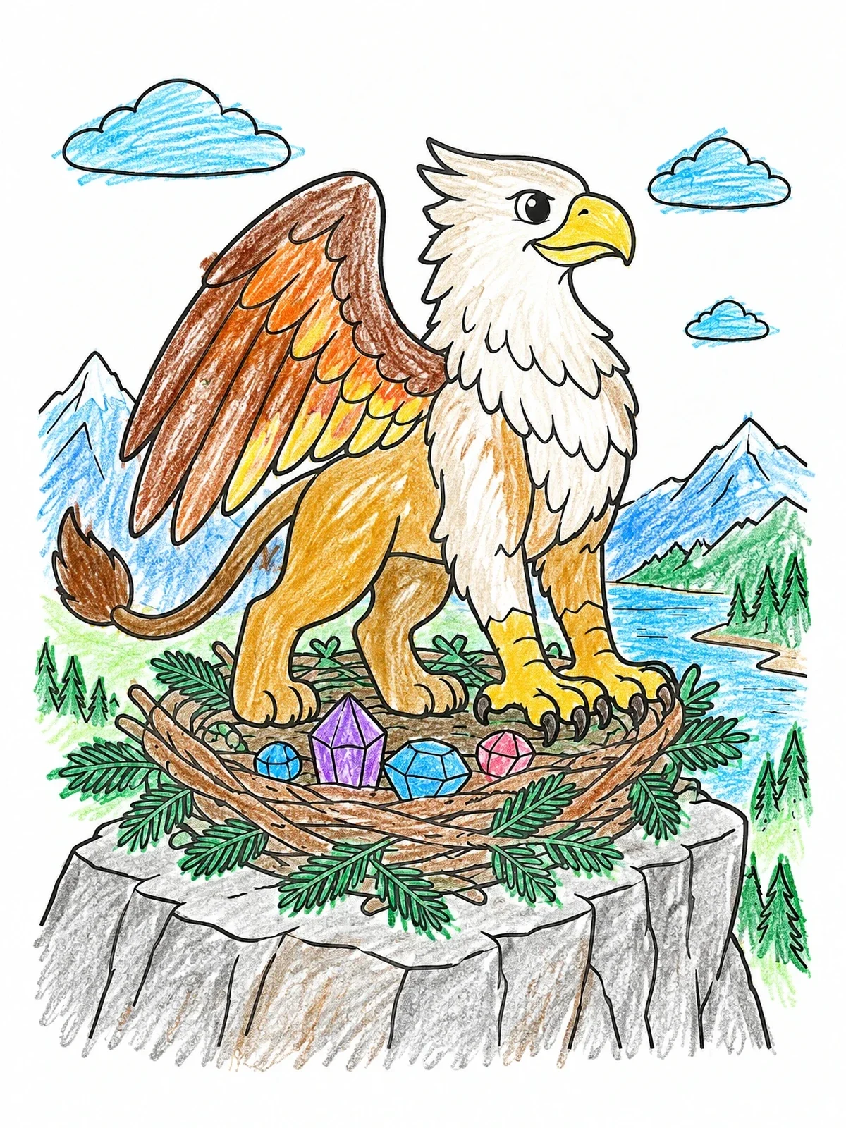 Colored example of the Cute Griffin In Clifftop Nest coloring page