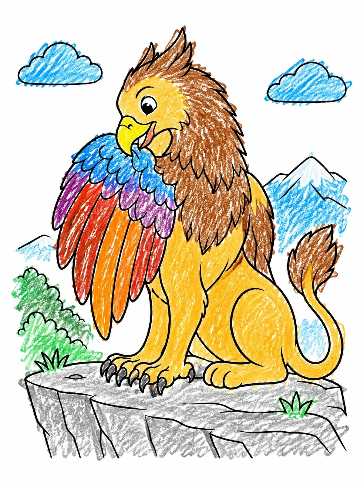 Colored example of the Cute Griffin Preening On A Cliff coloring page