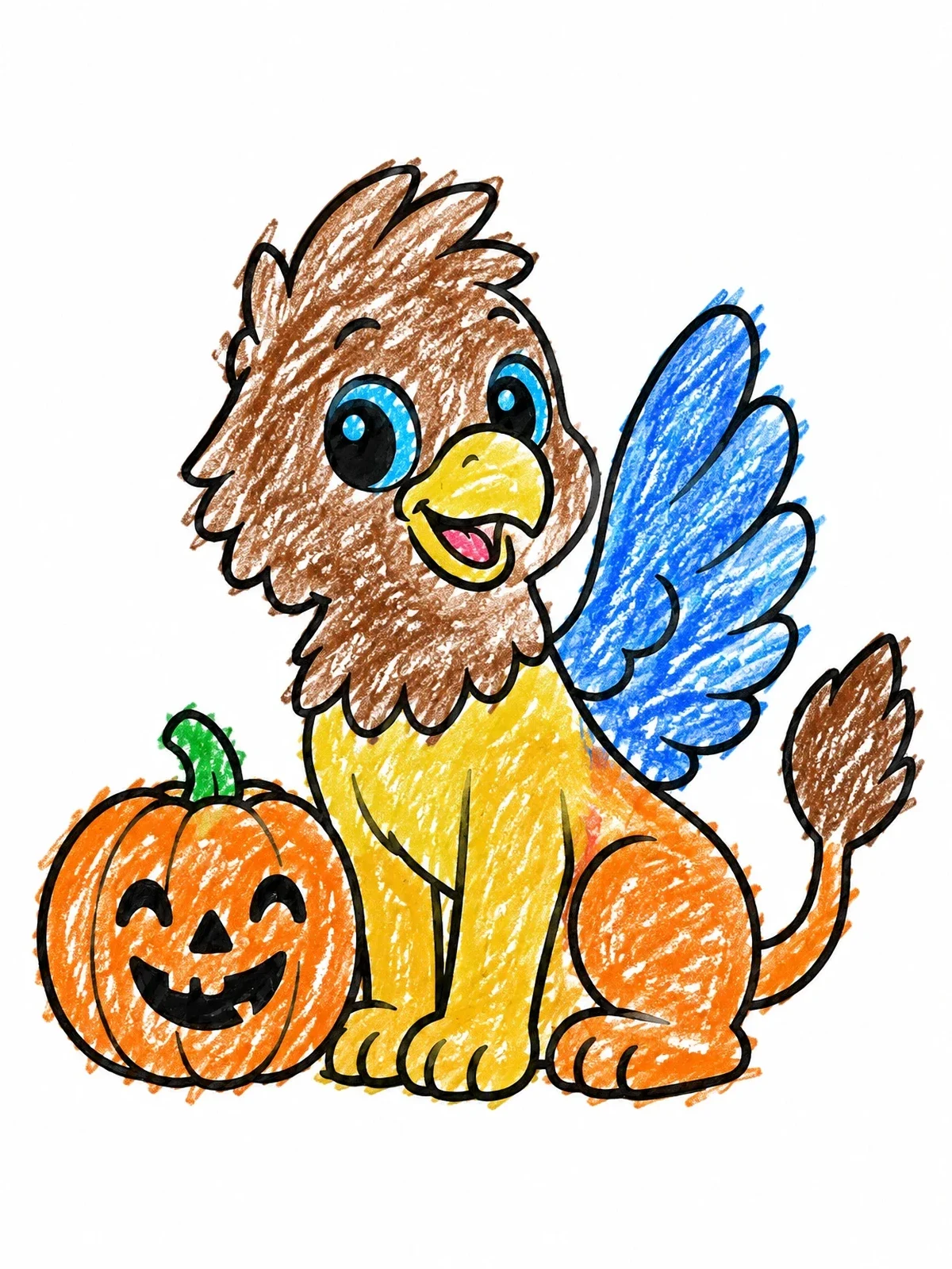 Colored example of the Cute Griffin With Halloween Pumpkin coloring page