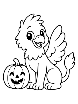 A cute cartoon griffin coloring page sitting beside a smiling pumpkin lantern.