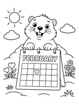 A cheerful groundhog peeking over a desk calendar on this cute february coloring page.