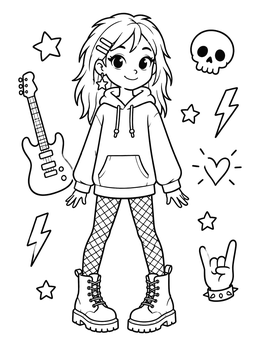Free printable Cute Grunge Girl With Electric Guitar And Doodles coloring page