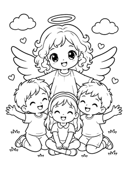 Free printable Cute Guardian Angel With Happy Children coloring page