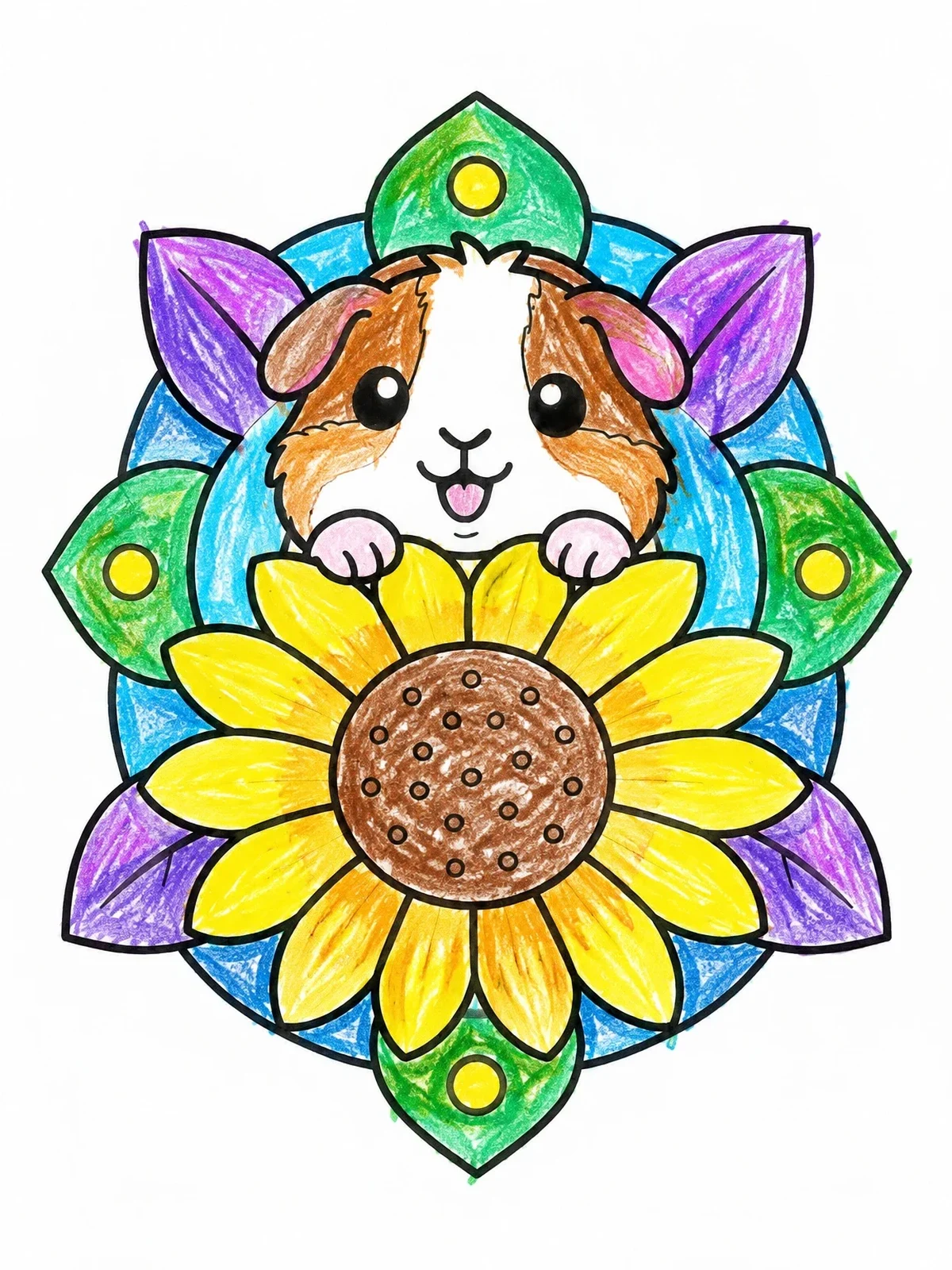 Colored example of the Cute Guinea Pig Behind Sunflower coloring page