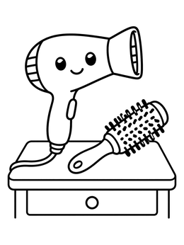 Free printable Cute Hair Dryer And Round Brush coloring page
