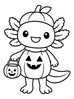 A friendly axolotl coloring page wearing a pumpkin costume with a trick-or-treat bucket.
