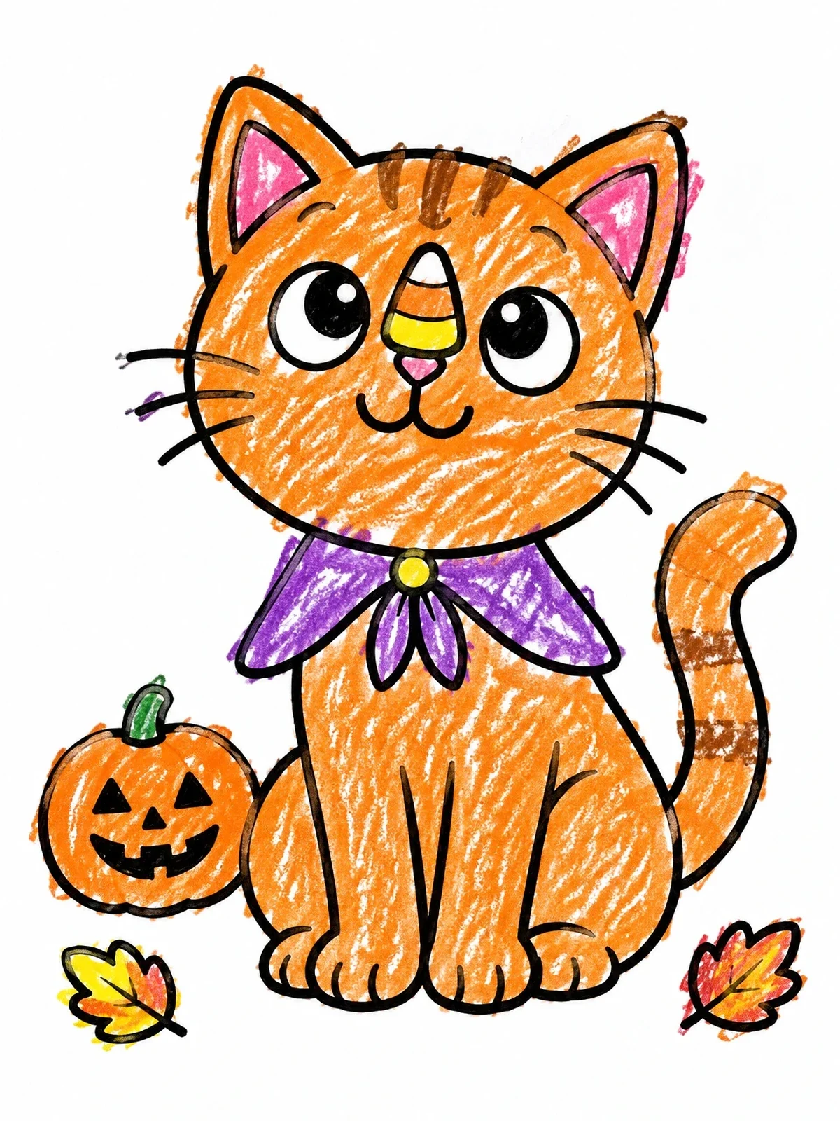 Colored example of the Cute Cat With Candy Corn coloring page