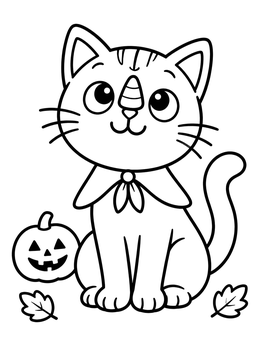 A cute kitten wearing a cape in this halloween cat coloring page with pumpkin.