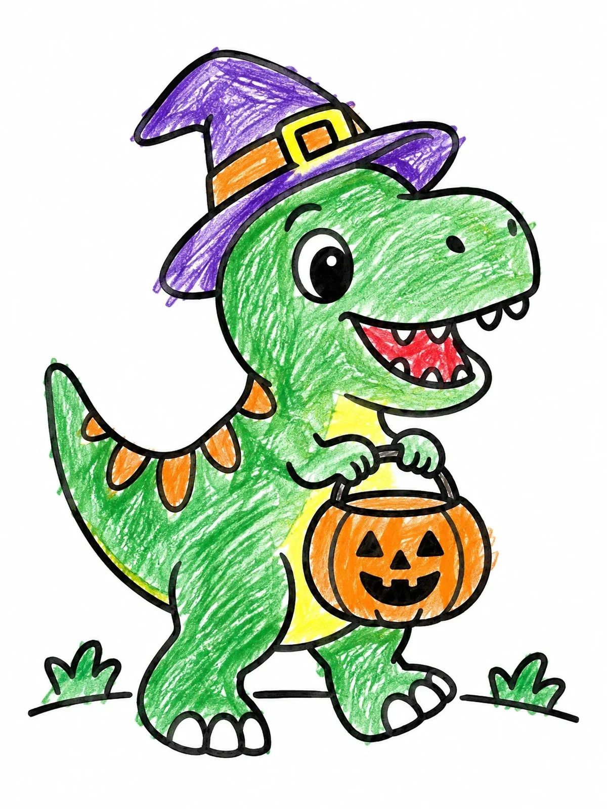 Colored example of the Cute T Rex With Witch Hat And Pumpkin coloring page