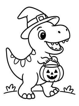 Free printable Cute T Rex With Witch Hat And Pumpkin coloring page