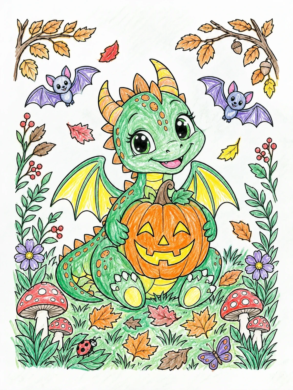 Colored example of the Cute Dragon With Carved Halloween Pumpkin coloring page