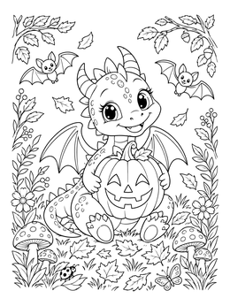 Free printable Cute Dragon With Carved Halloween Pumpkin coloring page
