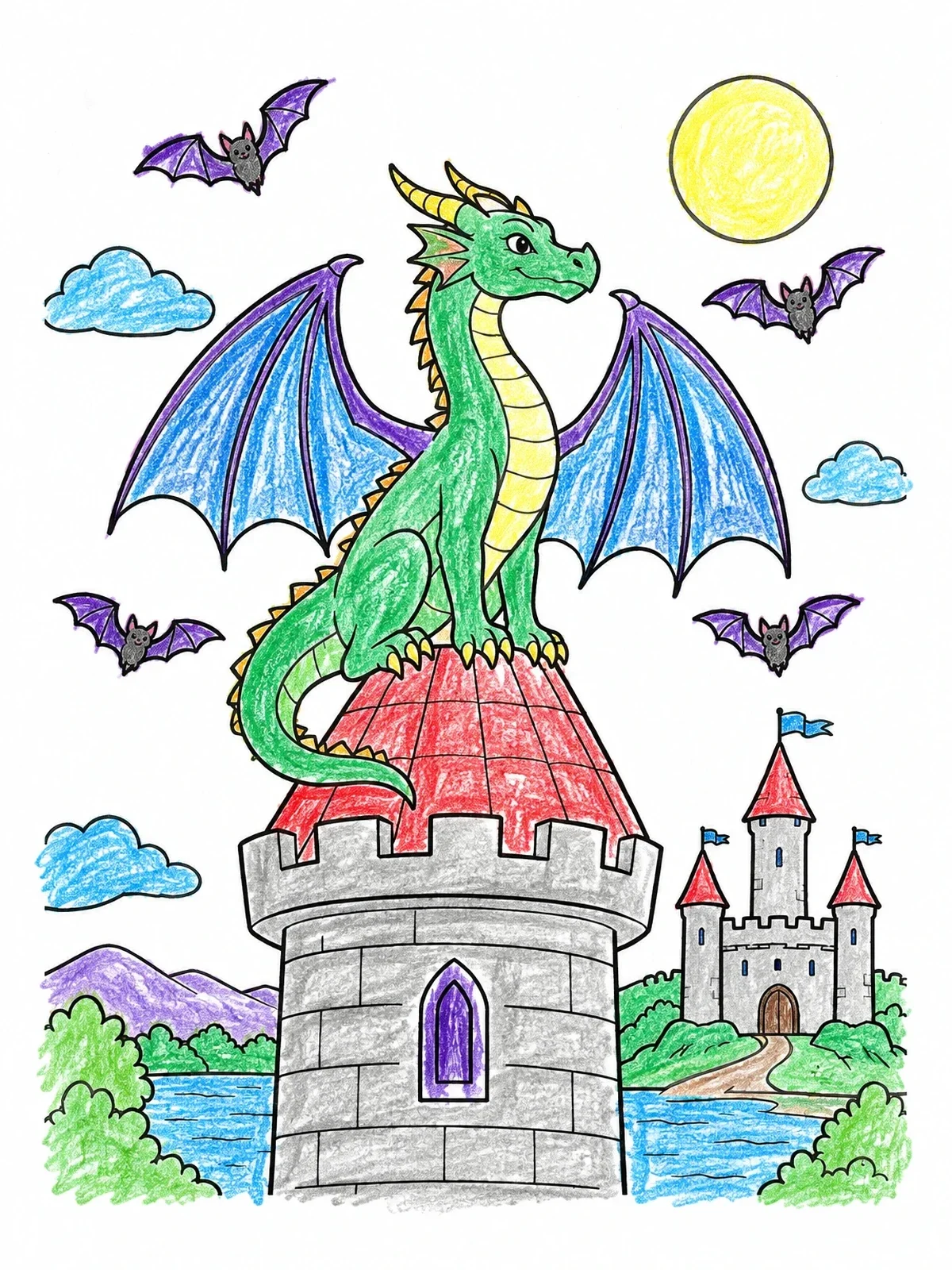 Colored example of the Cute Dragon On A Castle Tower coloring page