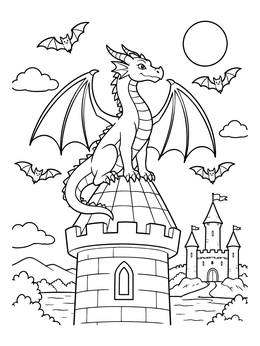 Free printable Cute Dragon On A Castle Tower coloring page