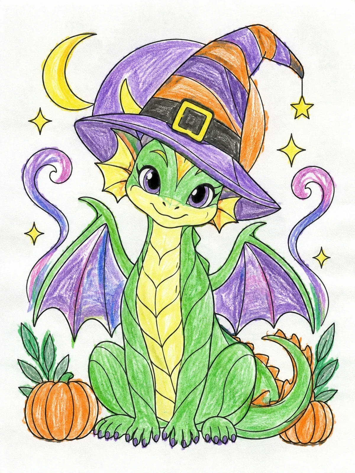 Colored example of the Cute Halloween Dragon In Witch Hat coloring page