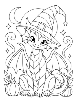 A halloween dragon coloring page showing a friendly baby dragon wearing a witch hat among pumpkins.