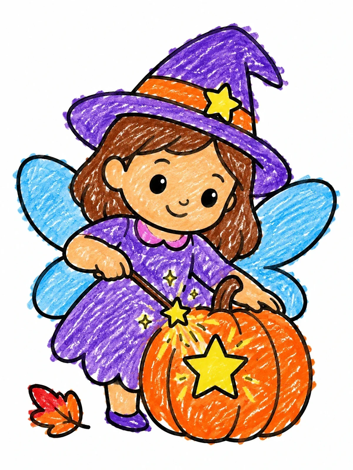 Colored example of the Cute Halloween Fairy Carving A Pumpkin coloring page