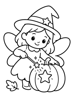 Free printable Cute Halloween Fairy Carving A Pumpkin coloring page