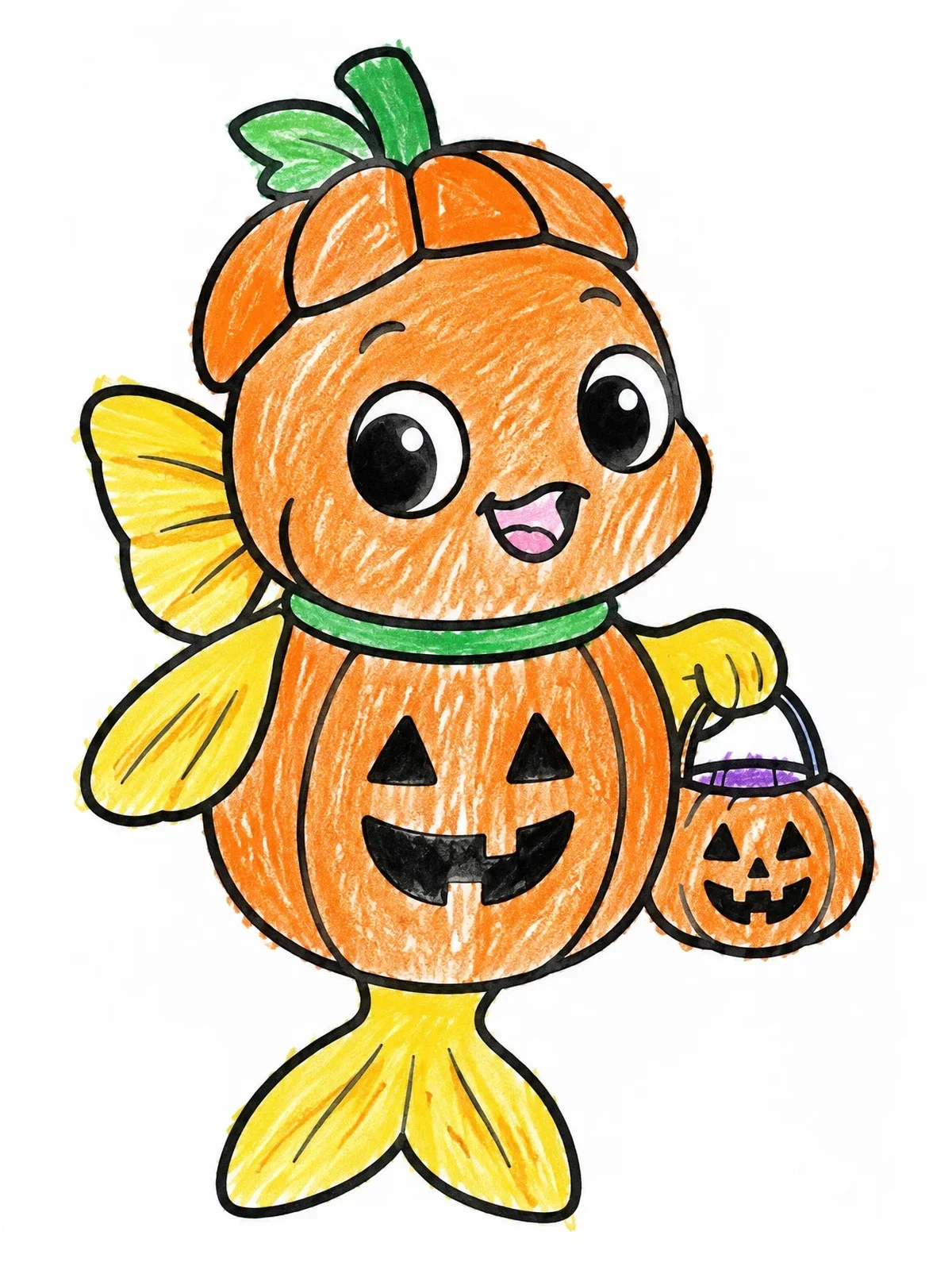 Colored example of the Cute Halloween Goldfish In Pumpkin Costume coloring page