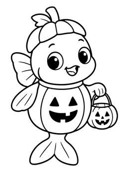 A cute goldfish coloring page showing a fish in a pumpkin costume holding a candy bucket.