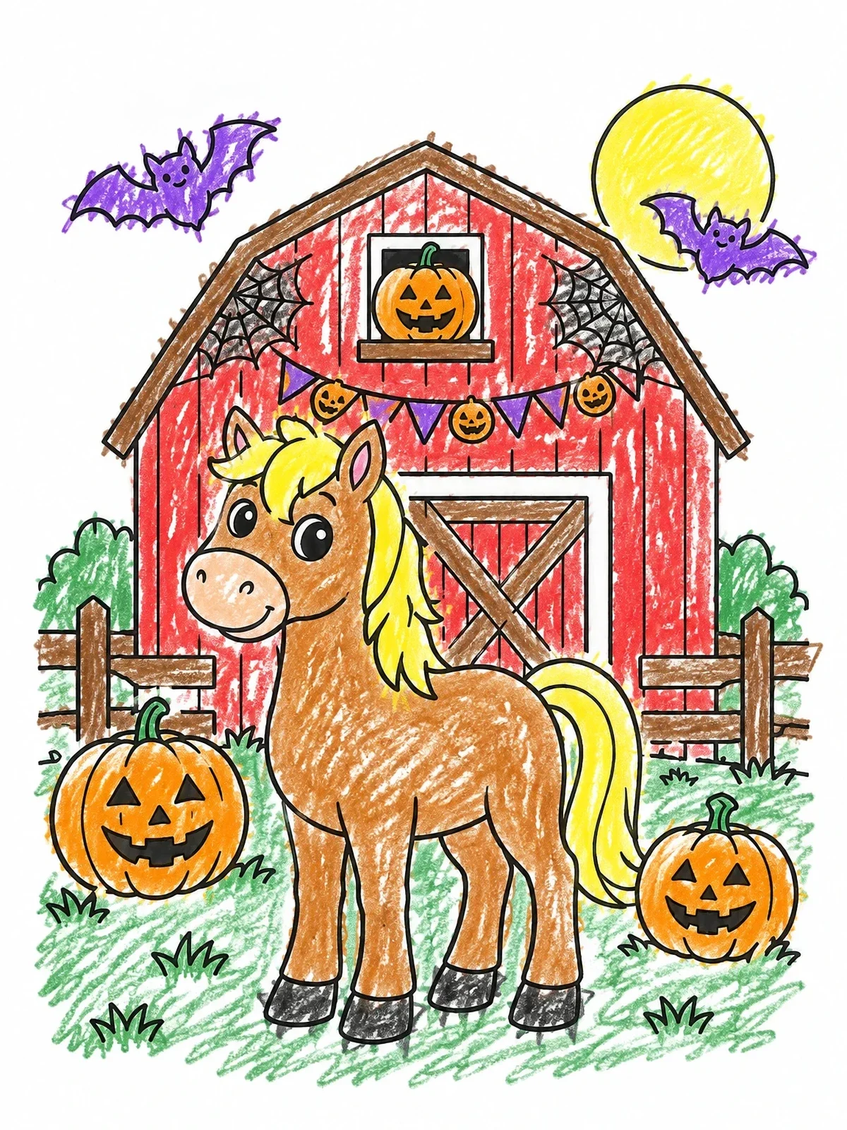 Colored example of the Cute Halloween Horse By The Barn coloring page