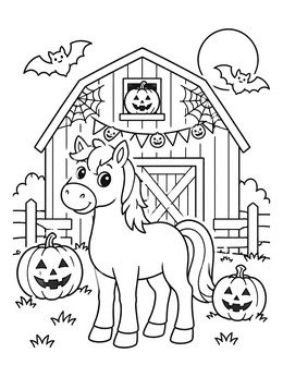 Free printable Cute Halloween Horse By The Barn coloring page