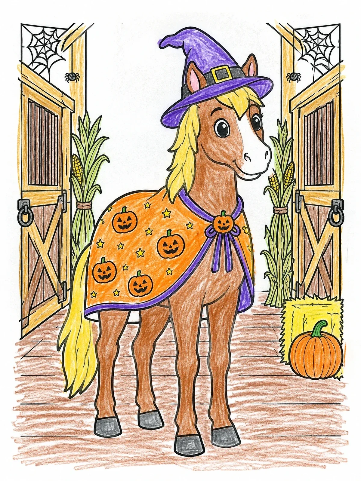 Colored example of the Cute Halloween Horse In Barn coloring page